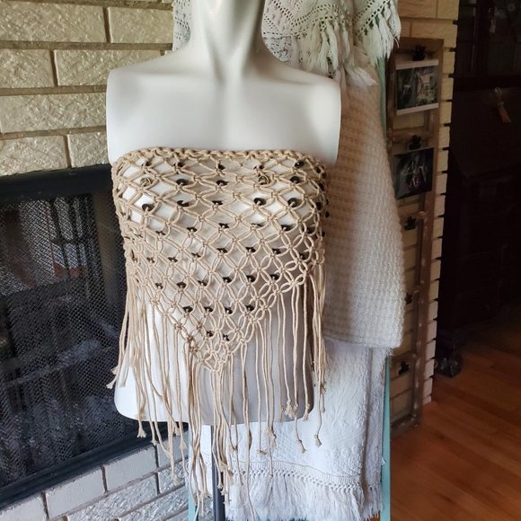 Vintage handmade Fishnet Beachy Boho Fringe cover up skirt or Top - Picture 2 of 6